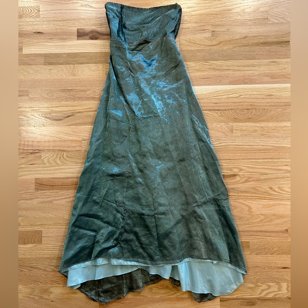 Vintage DKNY green fairy gown, strapless size 4 asymmetrical hem cutout back